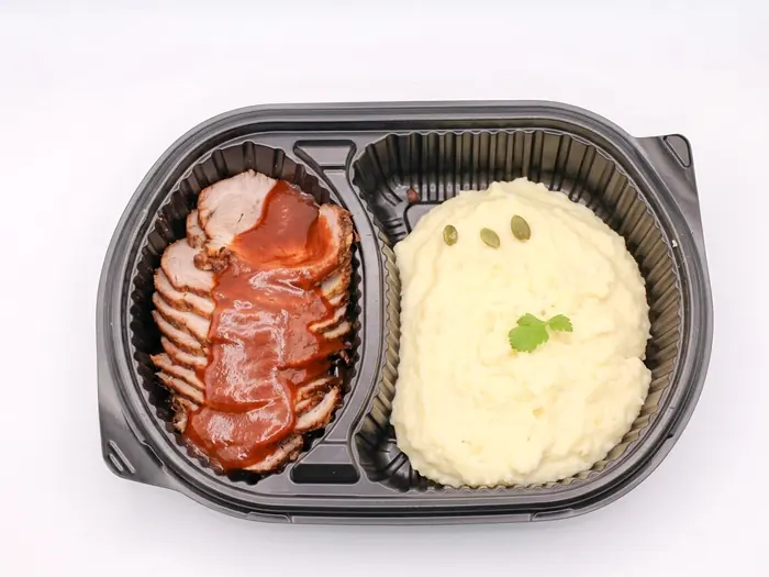 Sliced beef steak with barbecue sauce and mashed potato