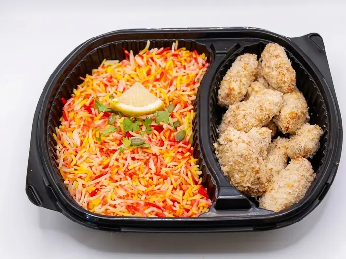 Crispy chicken kebab bites with spiced basmati rice