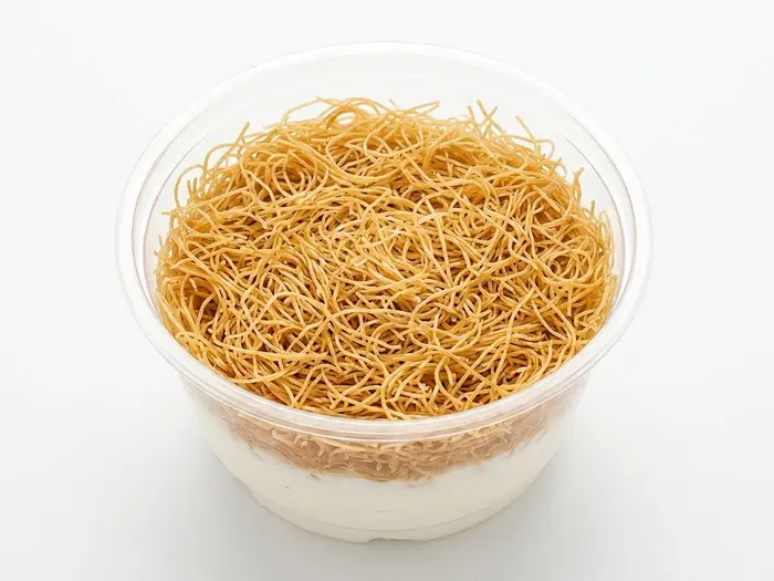 Konafa dessert cup with crispy shredded pastry over sweet cream